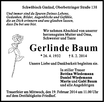 Traueranzeige von Gerlinde Baum von Gmünder Tagespost