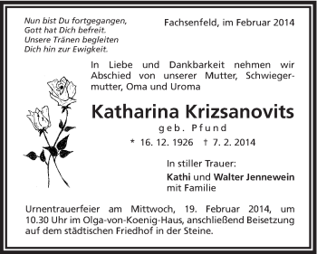 Traueranzeige von Katharina Krizsanovits von Schwäbische Post