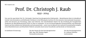 Traueranzeige von Christoph J. Raub von Gmünder Tagespost