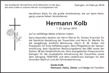 Traueranzeige von Hermann Kolb von Schwäbische Post