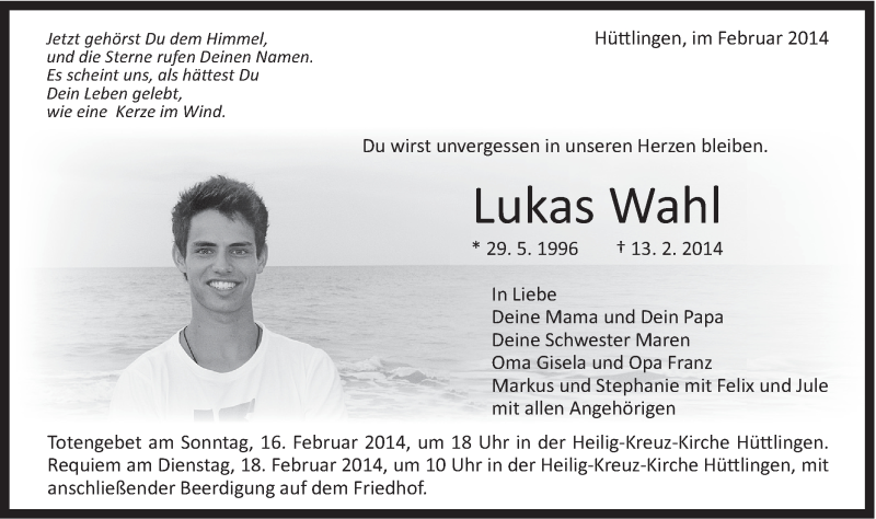  Traueranzeige für Lukas Wahl vom 15.02.2014 aus Schwäbische Post