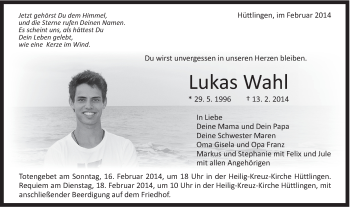 Traueranzeige von Lukas Wahl von Schwäbische Post