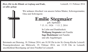 Traueranzeige von Emilie Stegmaier von Gmünder Tagespost