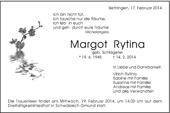 Traueranzeige von Margot Rytina von Gmünder Tagespost