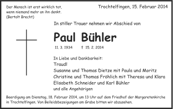 Traueranzeige von Paul Bühler von Schwäbische Post