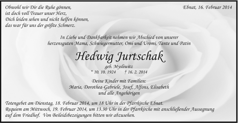  Traueranzeige für Hedwig Jurtschak vom 17.02.2014 aus Schwäbische Post