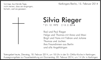 Traueranzeige von Silvia Rieger von Schwäbische Post