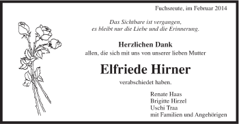 Traueranzeige von Elfriede Hirner von Gmünder Tagespost