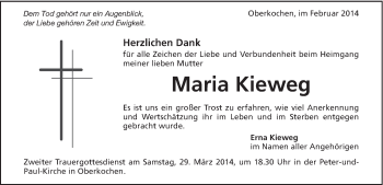 Traueranzeige von Maria Kieweg von Schwäbische Post