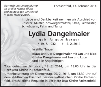 Traueranzeige von Lydia Dangelmaier von Schwäbische Post