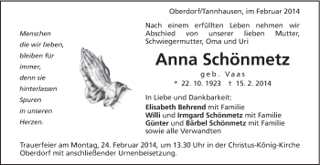 Traueranzeige von Anna Schönmetz von Schwäbische Post