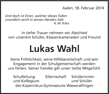 Traueranzeige von Lukas Wahl von Schwäbische Post