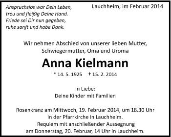 Traueranzeige von Anna Kielmann von Schwäbische Post