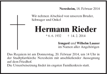Traueranzeige von Hermann Rieder von Schwäbische Post