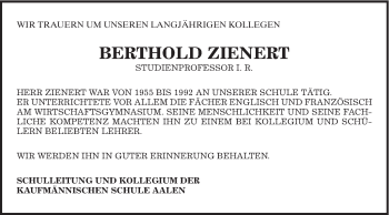 Traueranzeige von Berthold Zienert von Schwäbische Post