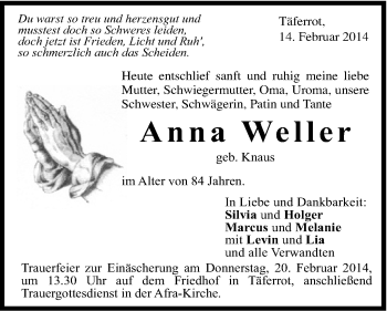 Traueranzeige von Anna Weiler von Gmünder Tagespost