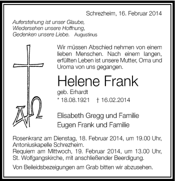 Traueranzeige von Helene Frank von Schwäbische Post