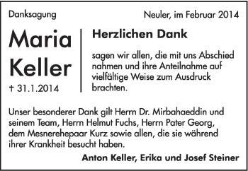 Traueranzeige von Maria Keller von Schwäbische Post