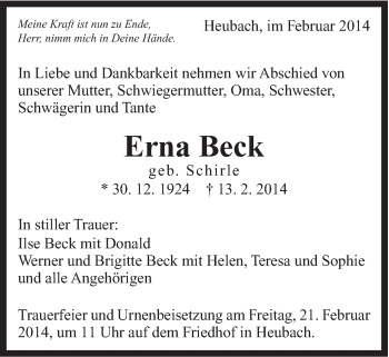 Traueranzeige von Erna Beck von Gmünder Tagespost