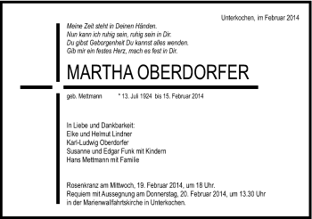 Traueranzeige von Martha Oberdorfer von Schwäbische Post