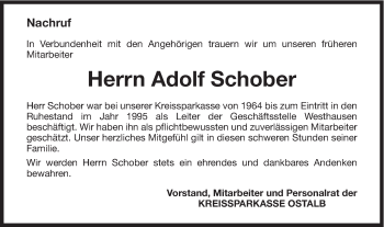 Traueranzeige von Adolf Schober von Schwäbische Post