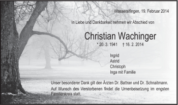 Traueranzeige von Christian Wachinger von Schwäbische Post