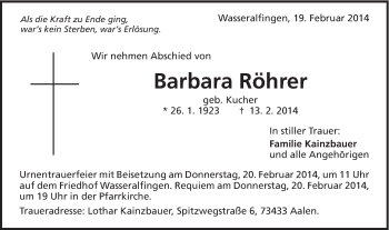 Traueranzeige von Barbara Röhrer von Schwäbische Post