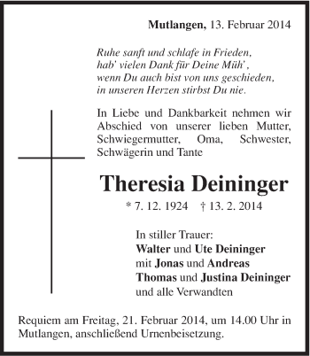 Traueranzeige von Theresia Deininger von Gmünder Tagespost