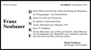 Traueranzeige von Franz Neubauer von Gmünder Tagespost
