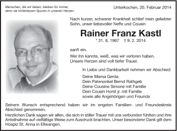 Traueranzeige von Rainer Franz Kastl von Schwäbische Post