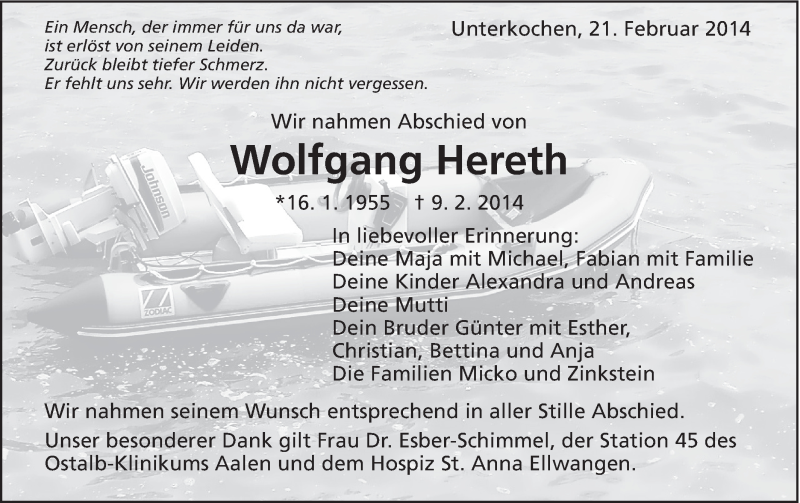  Traueranzeige für Wolfgang Hereth vom 21.02.2014 aus Schwäbische Post