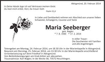 Traueranzeige von Maria Seeberger von Schwäbische Post