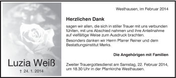 Traueranzeige von Luzia Weiß von Schwäbische Post