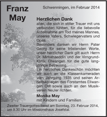 Traueranzeige von Franz May von Schwäbische Post
