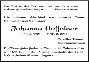 Traueranzeige von Johanna Hoffelner von Schwäbische Post