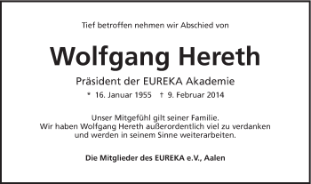 Traueranzeige von Wolfgang Hereth von Schwäbische Post