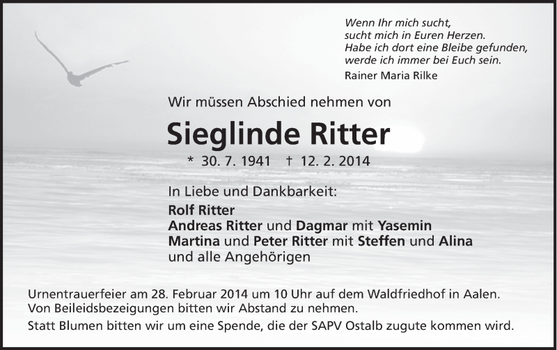  Traueranzeige für Sieglinde Ritter vom 25.02.2014 aus Schwäbische Post