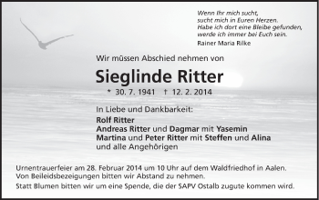 Traueranzeige von Sieglinde Ritter von Schwäbische Post