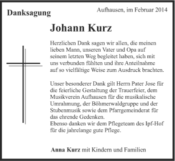 Traueranzeige von Johann Kurz von Schwäbische Post