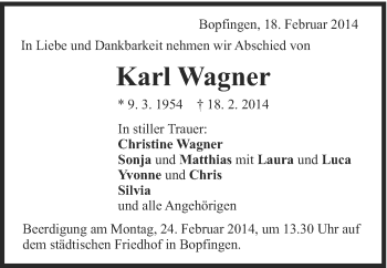 Traueranzeige von Karl Wagner von Schwäbische Post