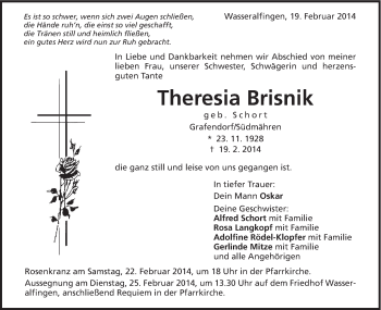 Traueranzeige von Theresia Brisnik von Schwäbische Post