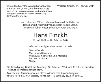 Traueranzeige von Hans Finckh von Schwäbische Post