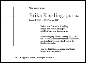 Traueranzeige von Erika Kissling von Gmünder Tagespost