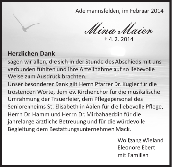 Traueranzeige von Mina Maier von Schwäbische Post