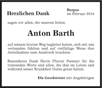 Traueranzeige von Anton Barth von Gmünder Tagespost