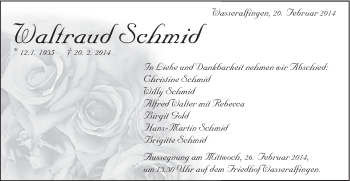 Traueranzeige von Waltraud Schmid von Schwäbische Post