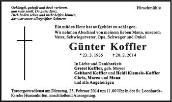 Traueranzeige von Günter Koffler von Gmünder Tagespost