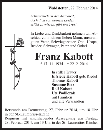 Traueranzeige von Franz Kabott von Gmünder Tagespost