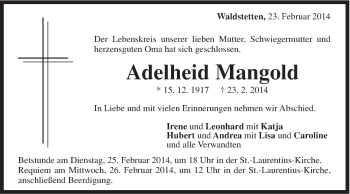 Traueranzeige von Adelheid Mangold von Gmünder Tagespost