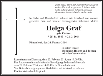 Traueranzeige von Helga Graf von Schwäbische Post